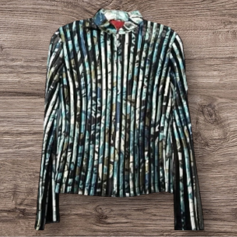 VINTAGE JS COLLECTIONS EUC WOMENS BLUE BLACK TOP SHIRT BLOUSE ZIP FALL SIZE 10